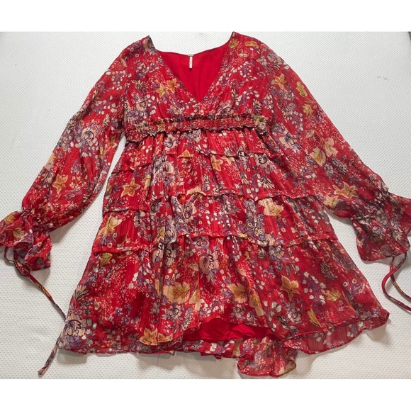 Free People Size L Red Mini‎ Dress Floral Print Long Sleeve Tiered Ruffle Hippie - Picture 1 of 3